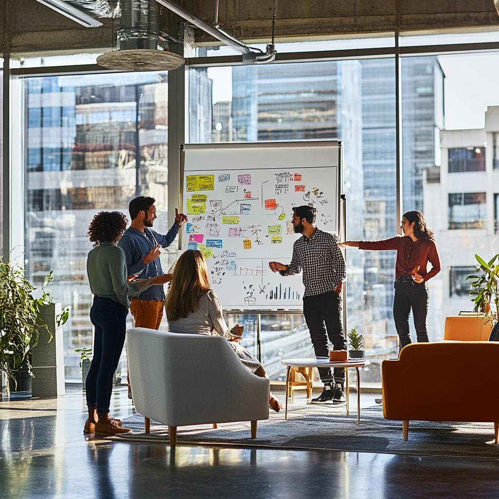 A group of diverse professionals collaboratively presenting ideas on a whiteboard filled with sticky notes, in a modern office with large windows.