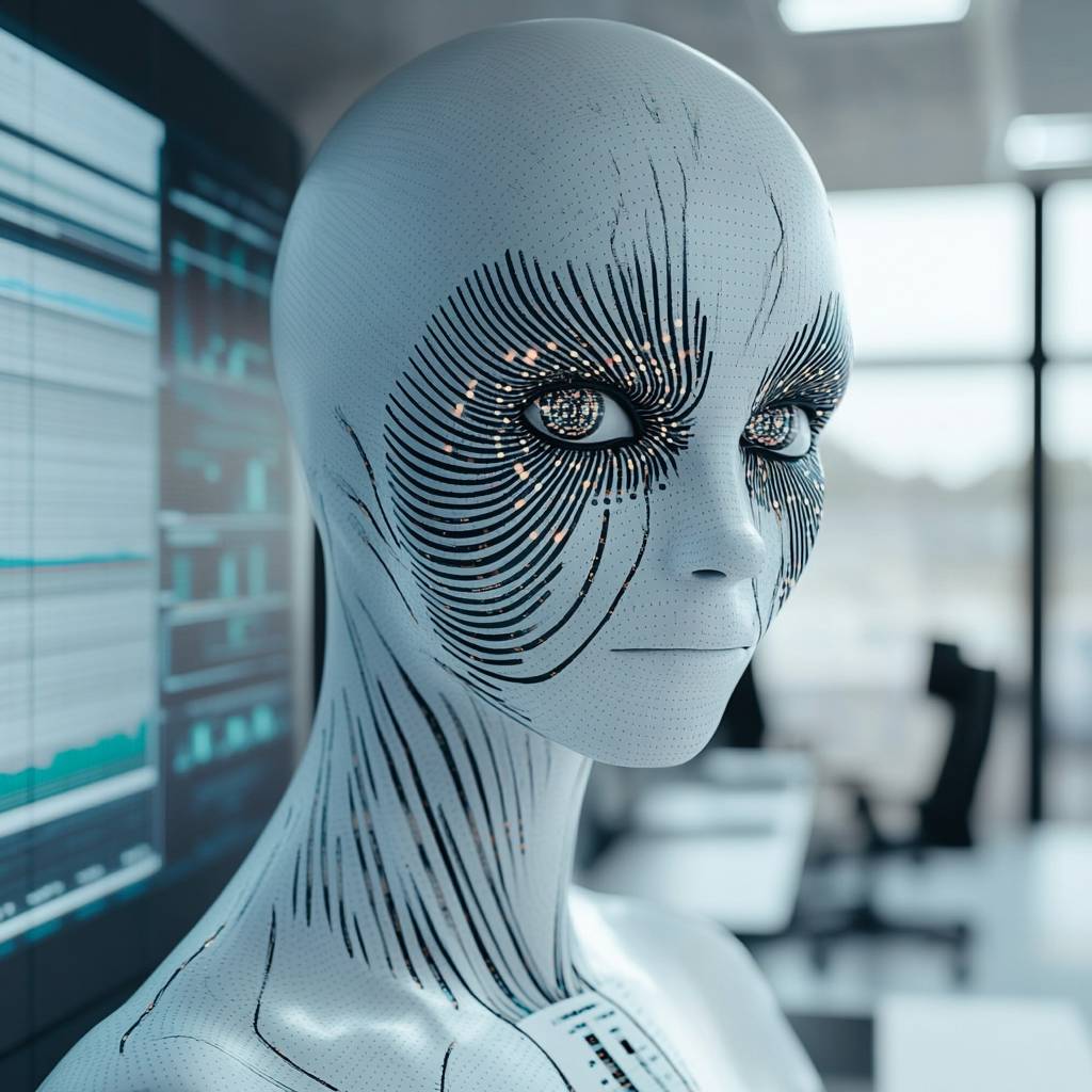 A close-up of a futuristic humanoid robot with intricate facial patterns and illuminated eyes, set against a modern office background.