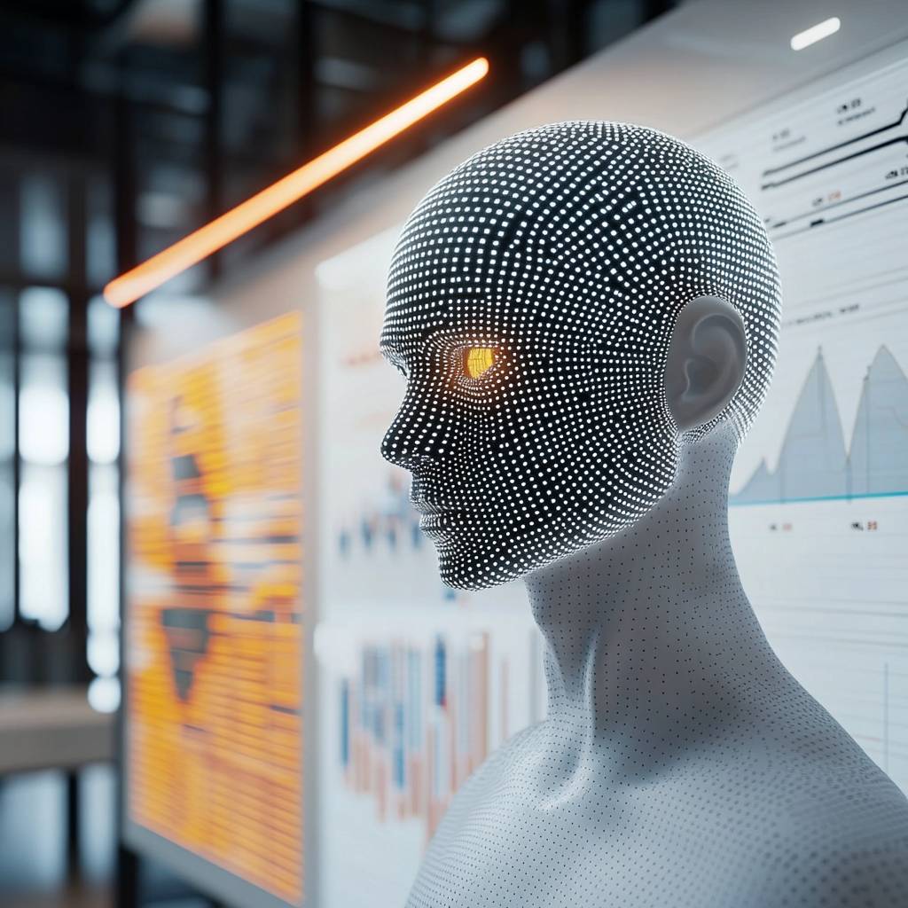 A futuristic human-like figure with a dotted surface and glowing eye stands in front of data visualizations and charts in a modern office setting.