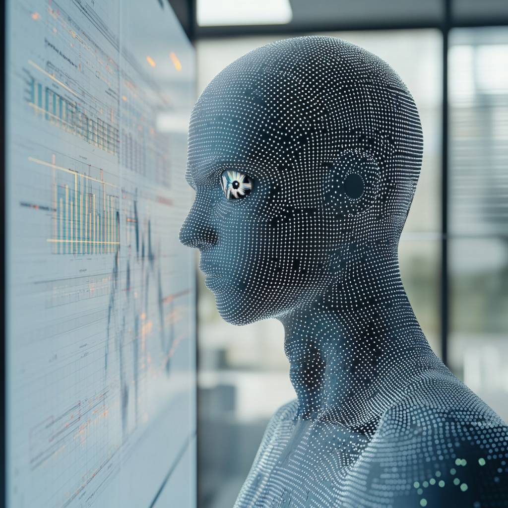 A humanoid figure made of digital dots stands in profile, facing a large screen displaying complex graphs and data analytics in a modern setting.