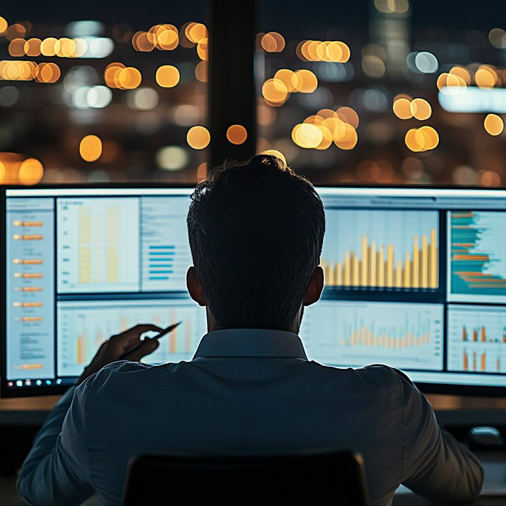 A person in a dress shirt sits in front of multiple computer screens displaying data and analytics, with city lights visible in the background.