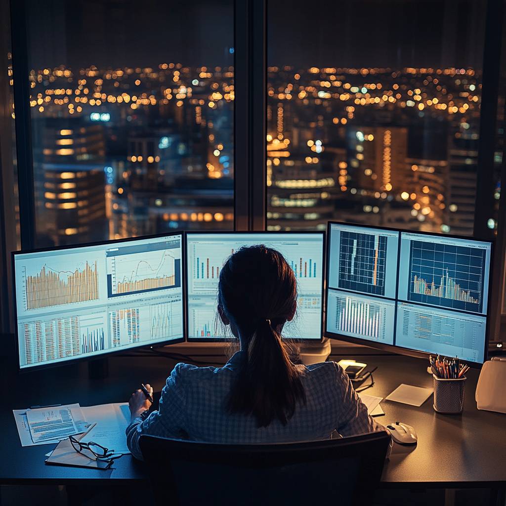 A person working at a desk with multiple computer monitors displaying various data graphs and charts, overlooking a city skyline at night.
