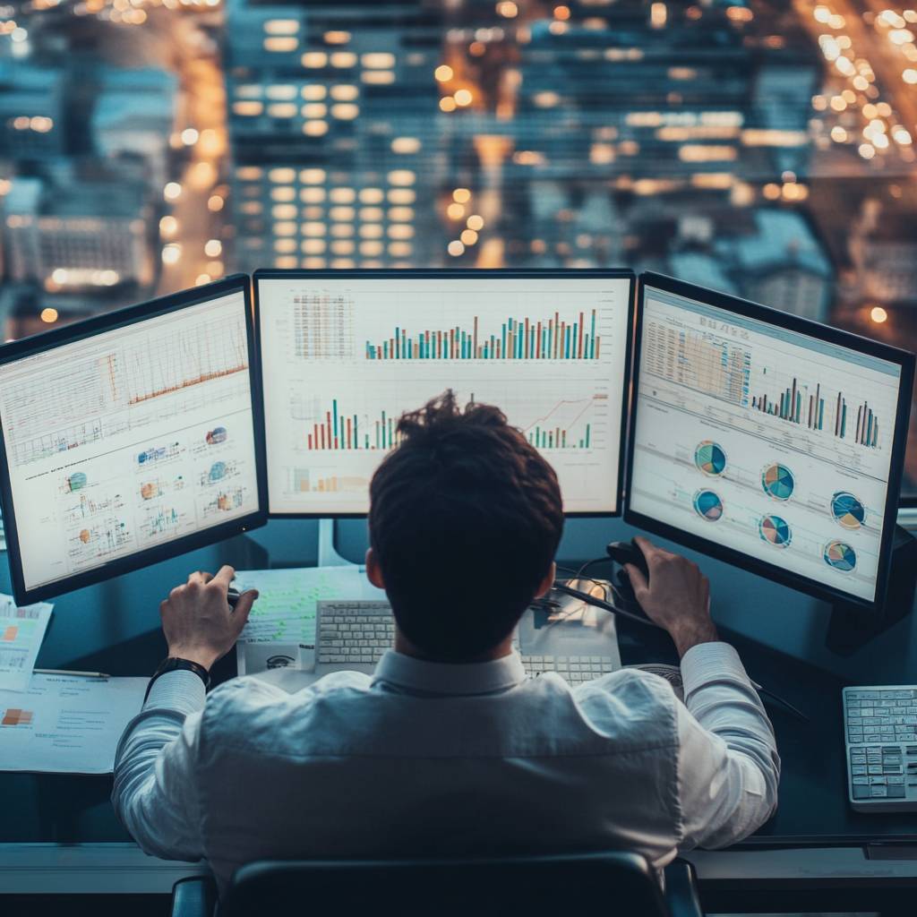 A person in a white shirt sits at a desk with multiple monitors displaying graphs and data, overlooking a cityscape at night.
