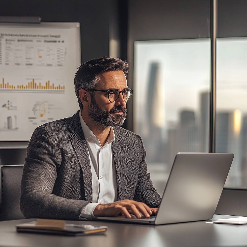 A man with a beard and glasses sits at a desk in a modern office, focused on his laptop, with city skyline and charts visible in the background.