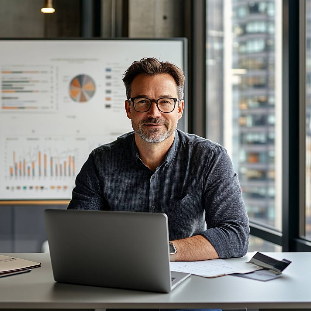 A smiling man with glasses sits at a desk in an office, with a laptop open and a presentation background featuring graphs and charts.