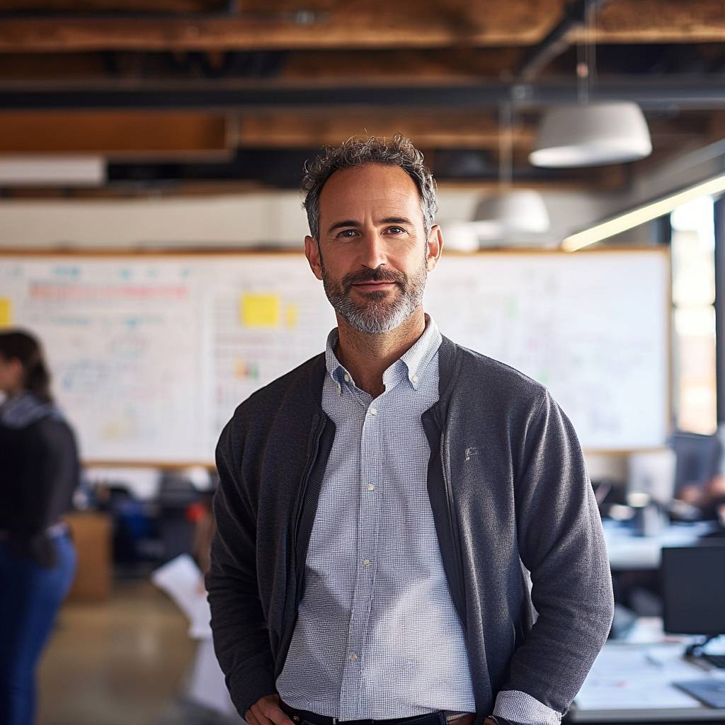 A man with a beard stands confidently in a modern office space, wearing a gray cardigan and a light blue shirt, with whiteboards in the background.