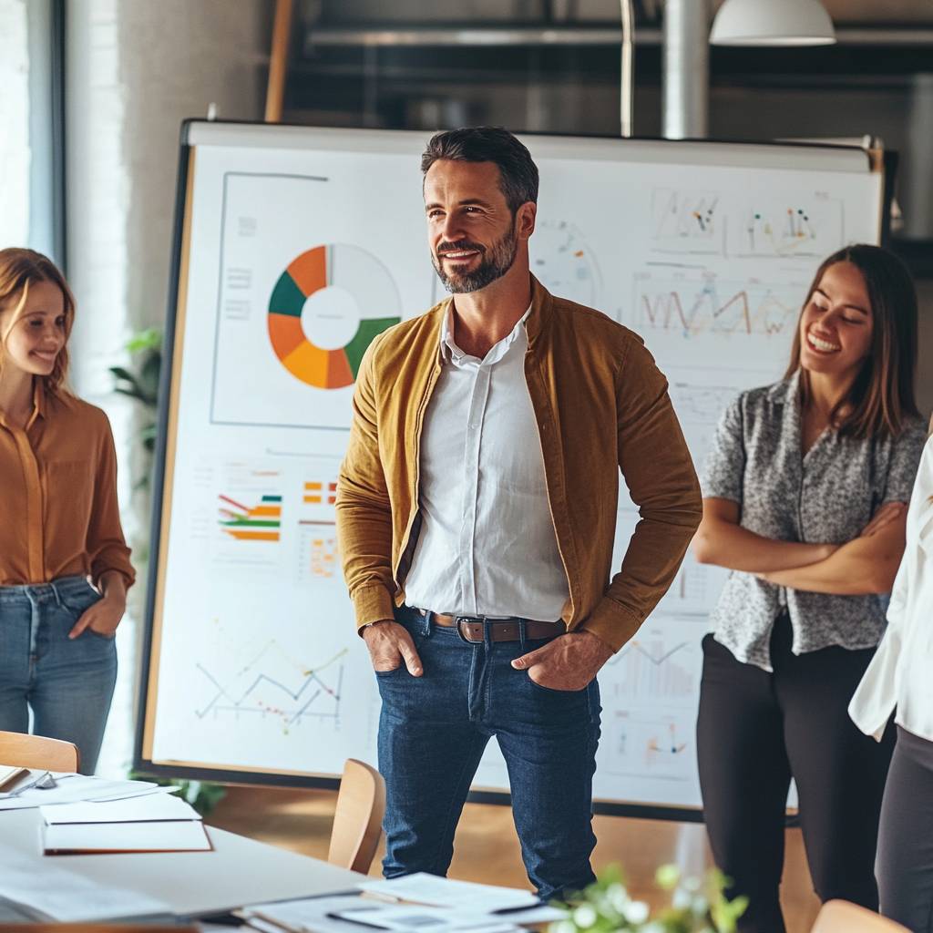 A group of four colleagues in a modern office setting, engaging in a discussion, with charts and graphs displayed on a board behind them.