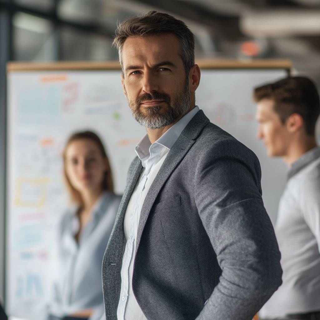 A confident man with a beard wearing a gray blazer and white shirt stands in a business setting, two colleagues slightly blurred in the background.