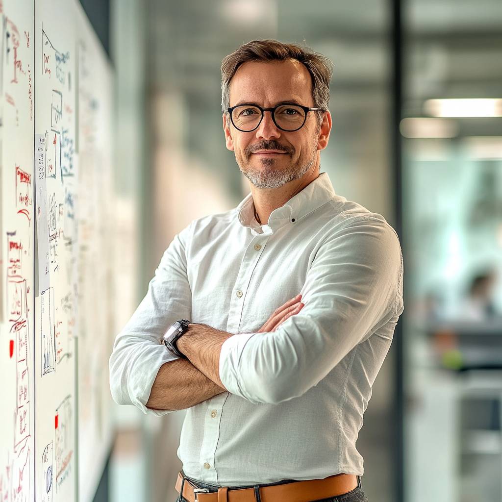 A confident man in a white button-up shirt stands with arms crossed in a modern office setting, smiling in front of a whiteboard filled with notes.