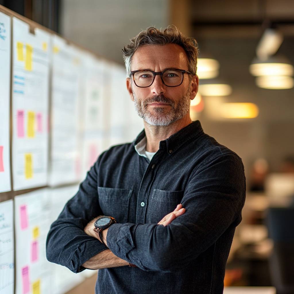 A middle-aged man with glasses and a beard stands confidently with arms crossed in an office setting, surrounded by colorful sticky notes on boards.