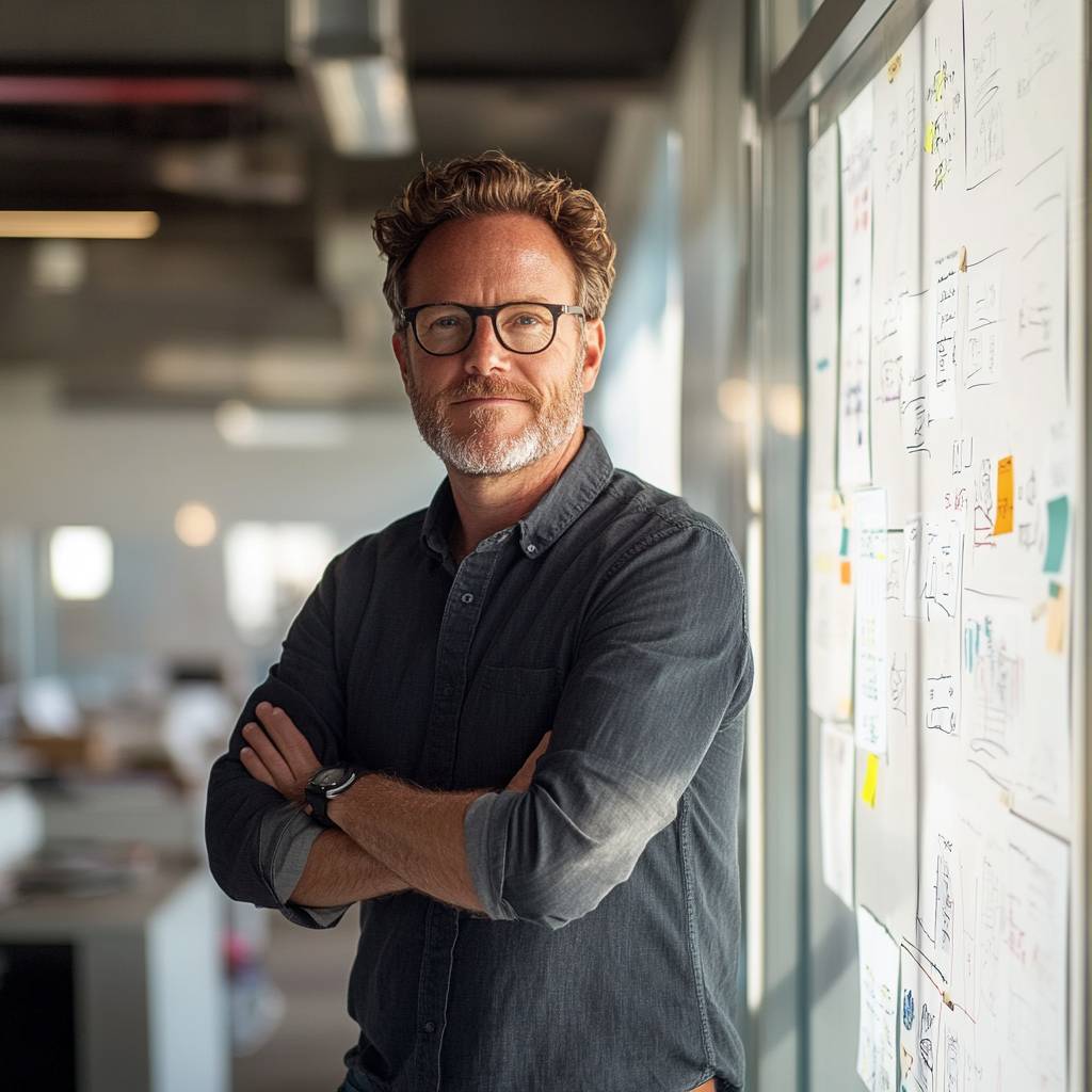 A man with glasses and a beard stands confidently with arms crossed in an office, next to a wall covered in notes and sketches.