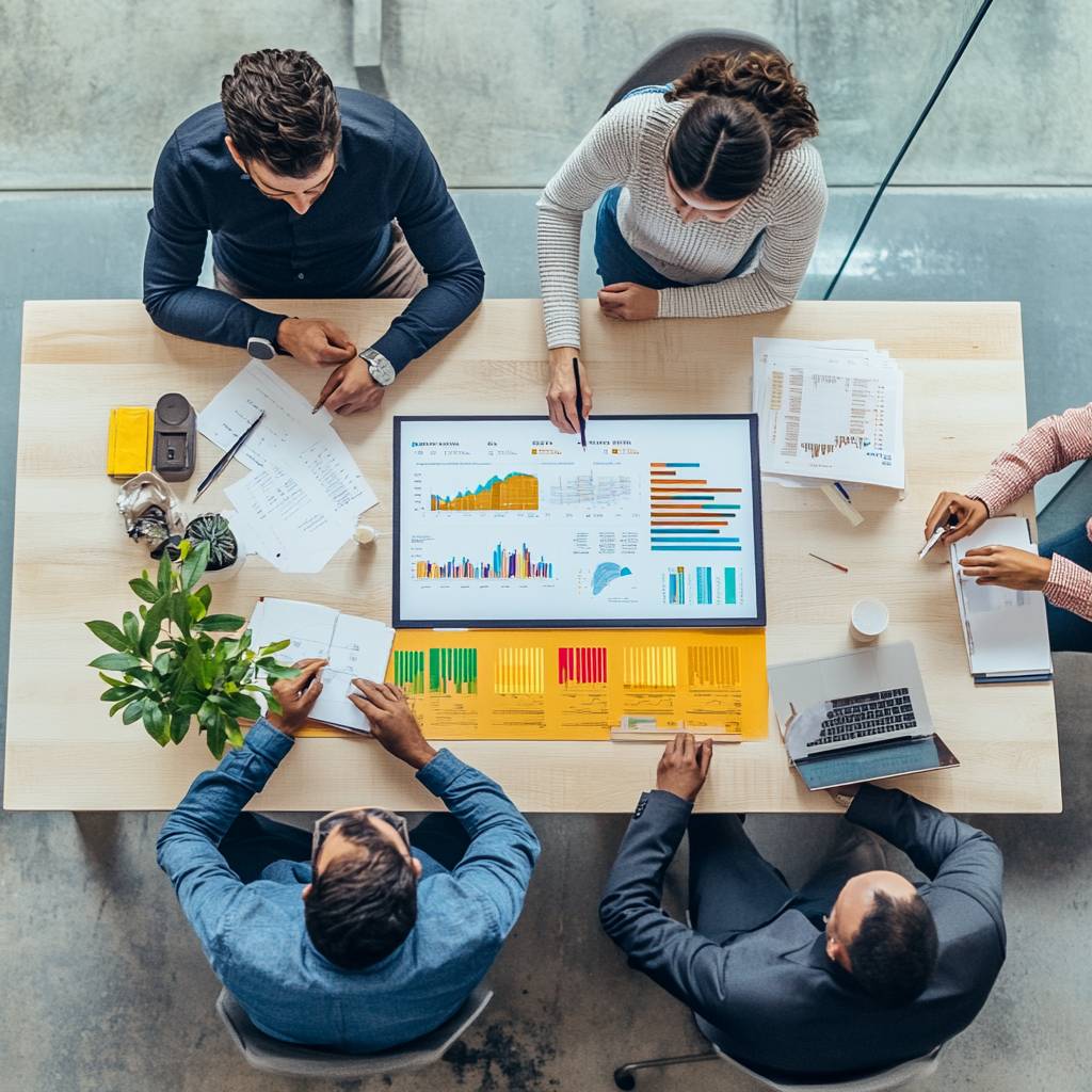 A group of five people in a meeting around a table, discussing charts and data displayed on a screen, with papers and a plant nearby.