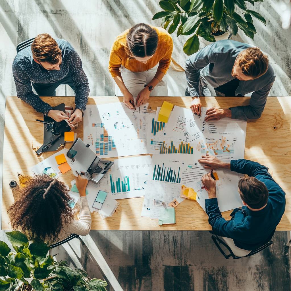 Aerial view of a group of five people collaborating at a wooden table covered with papers, charts, sticky notes, and a laptop in a bright workspace.