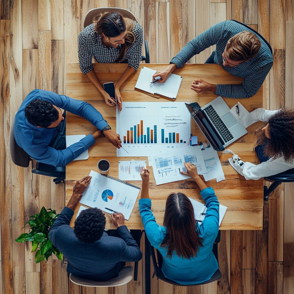 Aerial view of a diverse group of six people collaborating at a wooden table, analyzing charts and graphs on documents and laptops.