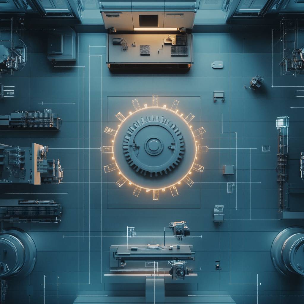 An aerial view of a futuristic industrial workspace featuring machinery, a central gear illuminated by lines of light, and technical schematics on the floor.