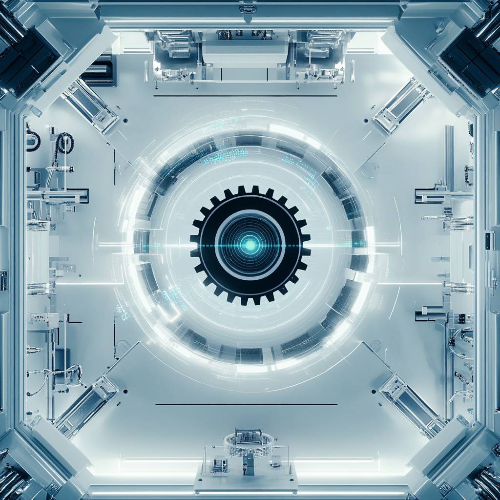 Aerial view of a futuristic machinery setup featuring a central gear with glowing elements, surrounded by high-tech components and circuits.