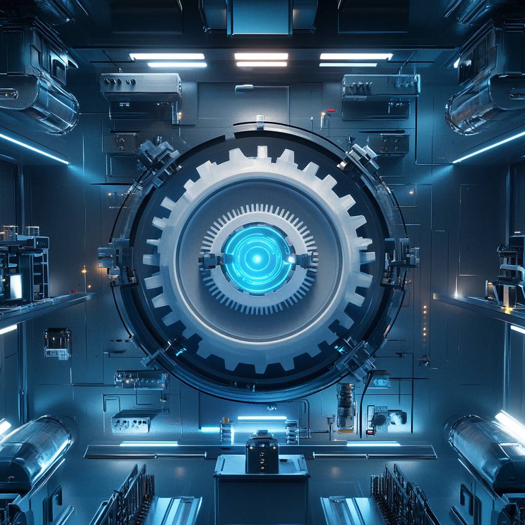A futuristic machinery interior featuring a large circular gear mechanism with a glowing blue core, surrounded by metallic structures and equipment.
