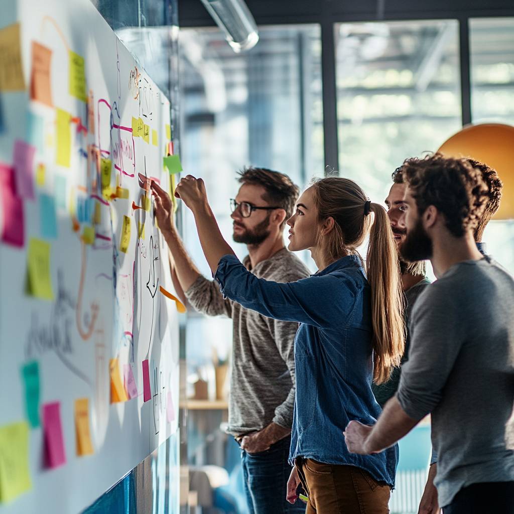 A group of four individuals collaborates around a whiteboard covered in colorful sticky notes and diagrams, discussing ideas and strategies.