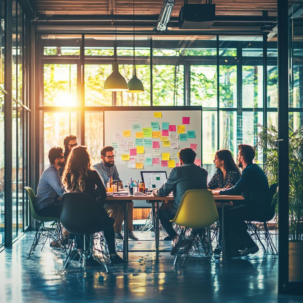 A group of business professionals engaged in a meeting around a table, with a whiteboard covered in colorful sticky notes in a bright, modern office.