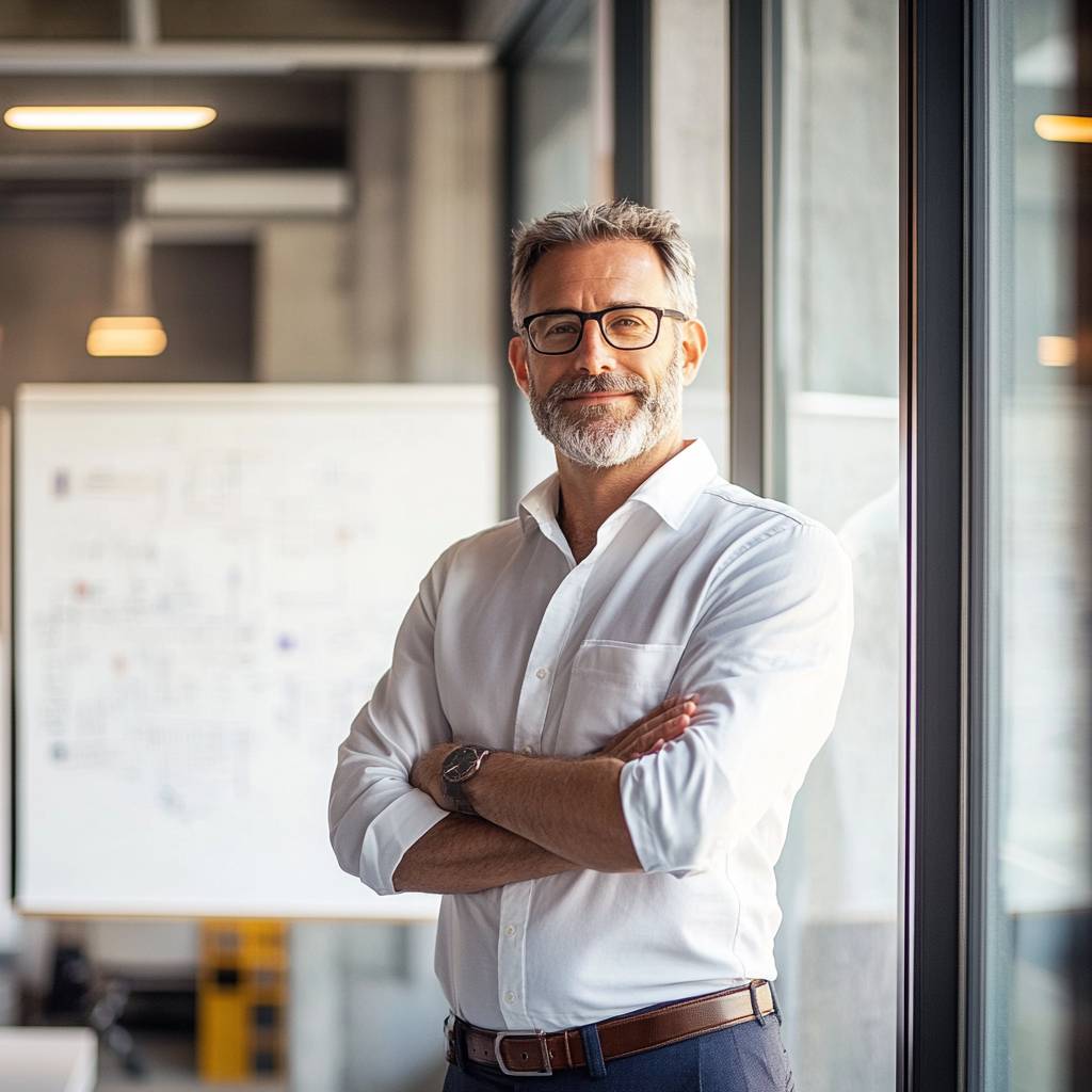 A middle-aged man with glasses and a beard stands confidently with arms crossed in a modern office space, featuring large windows and a whiteboard.