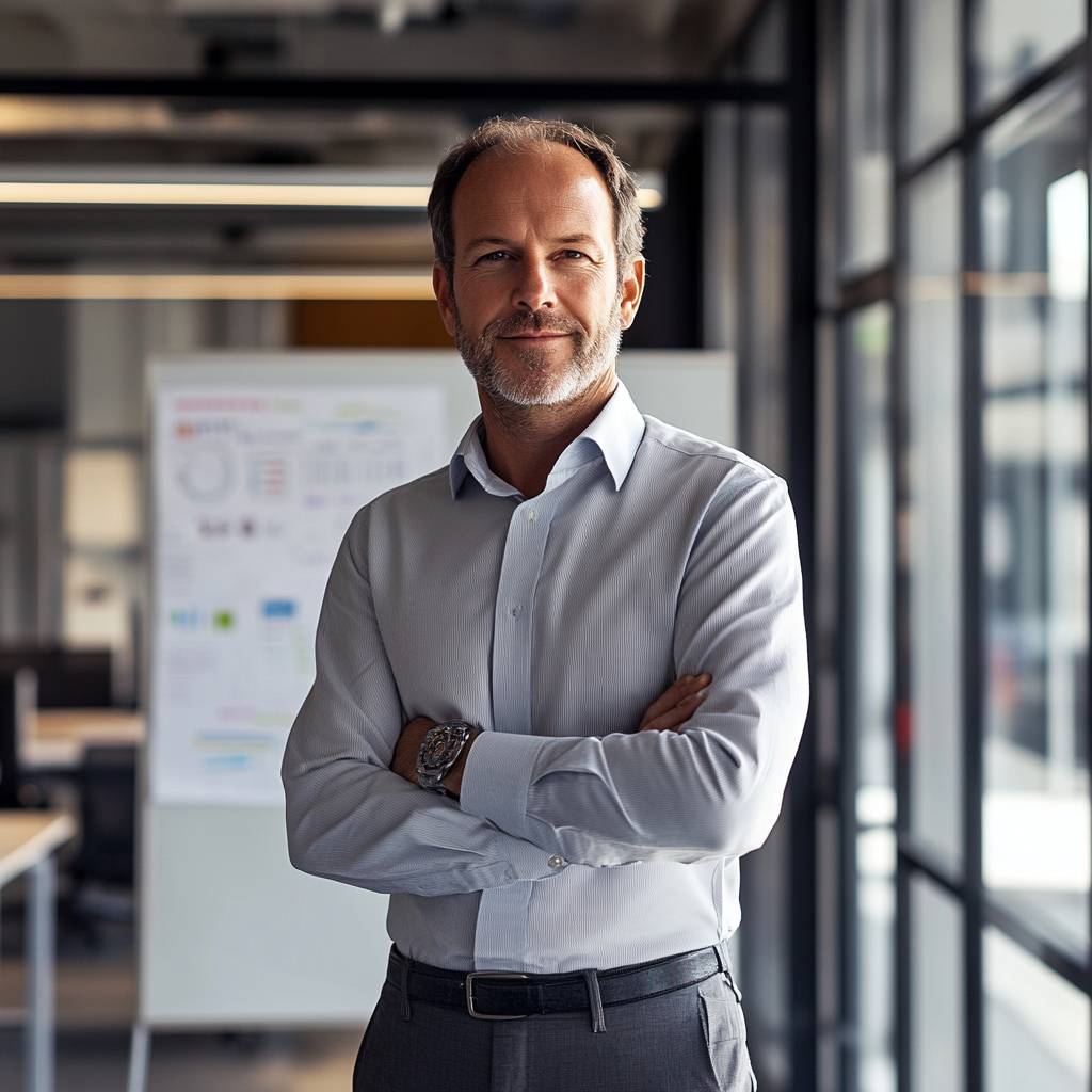 A middle-aged man with a beard and short hair stands confidently in an office, arms crossed, wearing a light blue dress shirt and gray trousers.