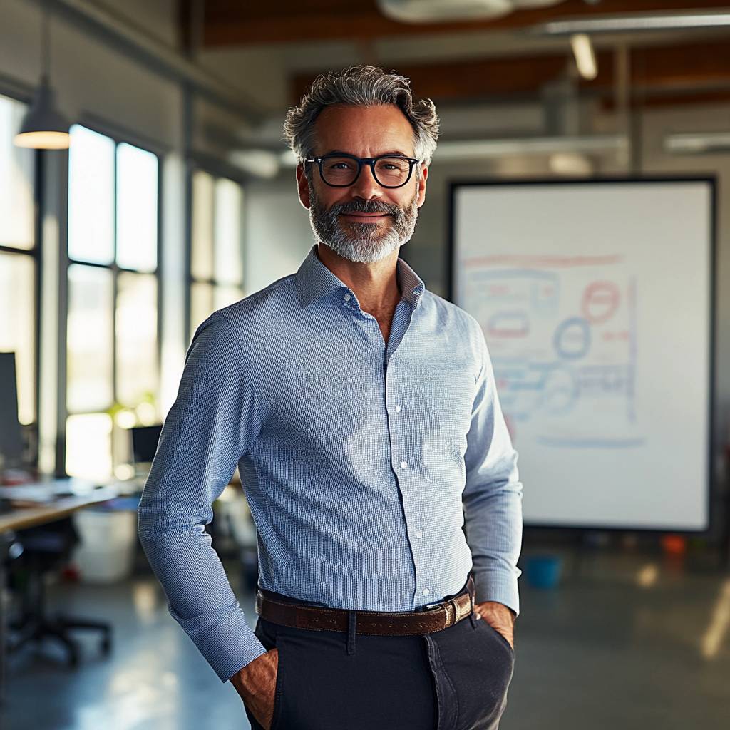 A confident man with a beard and glasses stands in a well-lit office space, wearing a light blue shirt and dark pants, hands in pockets.