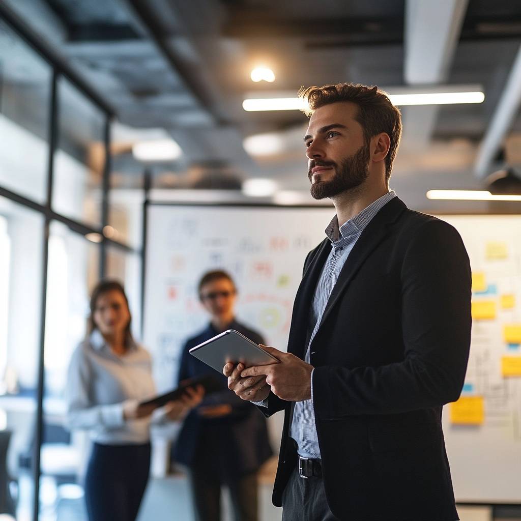 A group of professionals in a modern office setting, with a man holding a tablet and two colleagues discussing behind him. Graphic boards in the background.