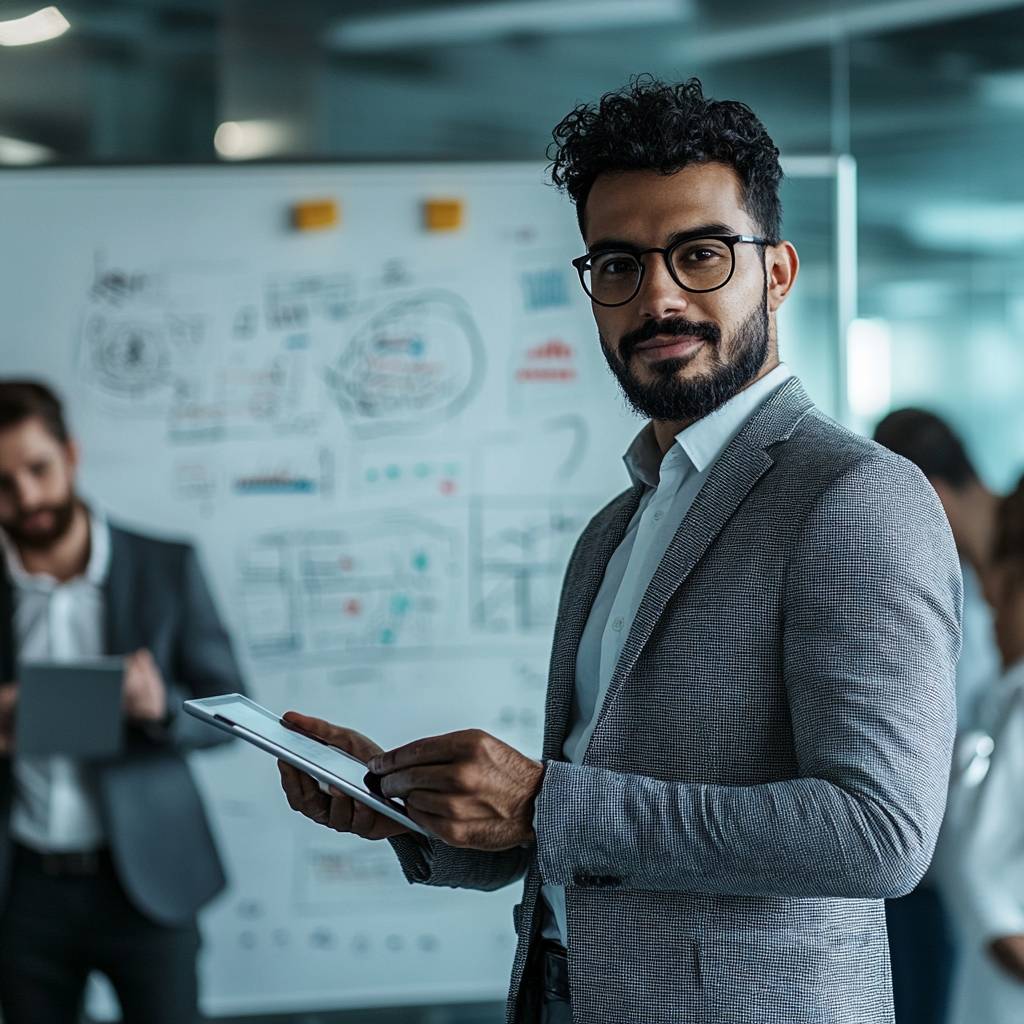 A man with curly hair and glasses holds a tablet, standing in a modern office with a glass wall and a whiteboard covered in notes and diagrams.