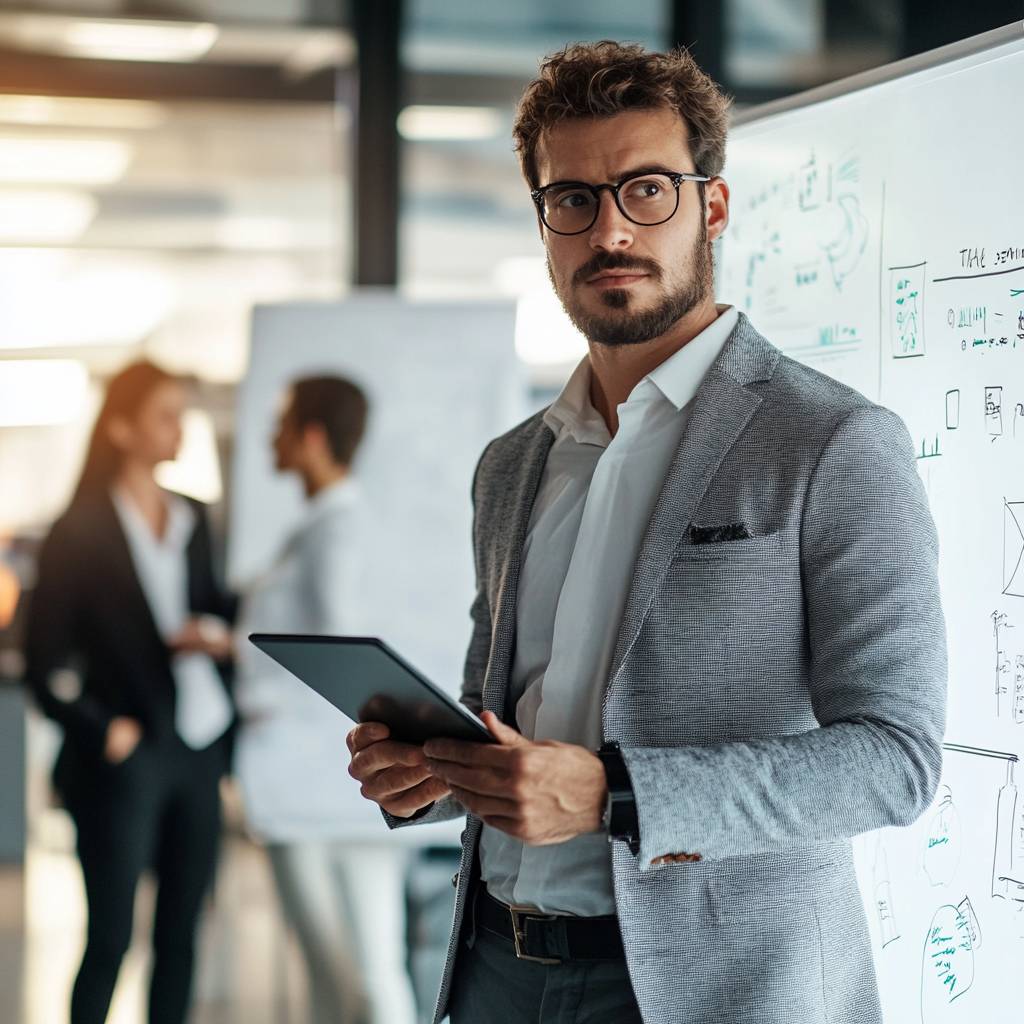 A well-dressed man with glasses stands confidently holding a tablet, while colleagues converse in the background amid a modern office setting.