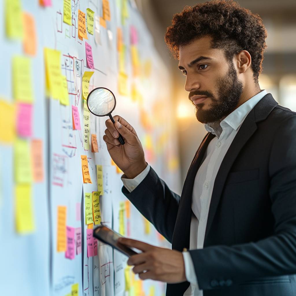 A man in a black suit examines a wall covered with colorful sticky notes using a magnifying glass, while holding a tablet in his other hand.