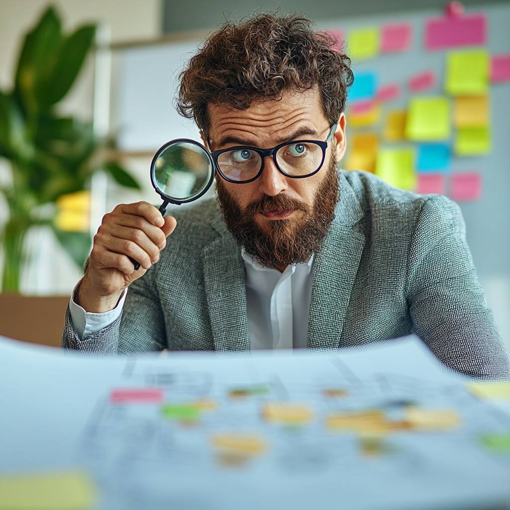 A man with a beard and glasses closely examines a document with a magnifying glass, surrounded by colorful sticky notes in an office setting.
