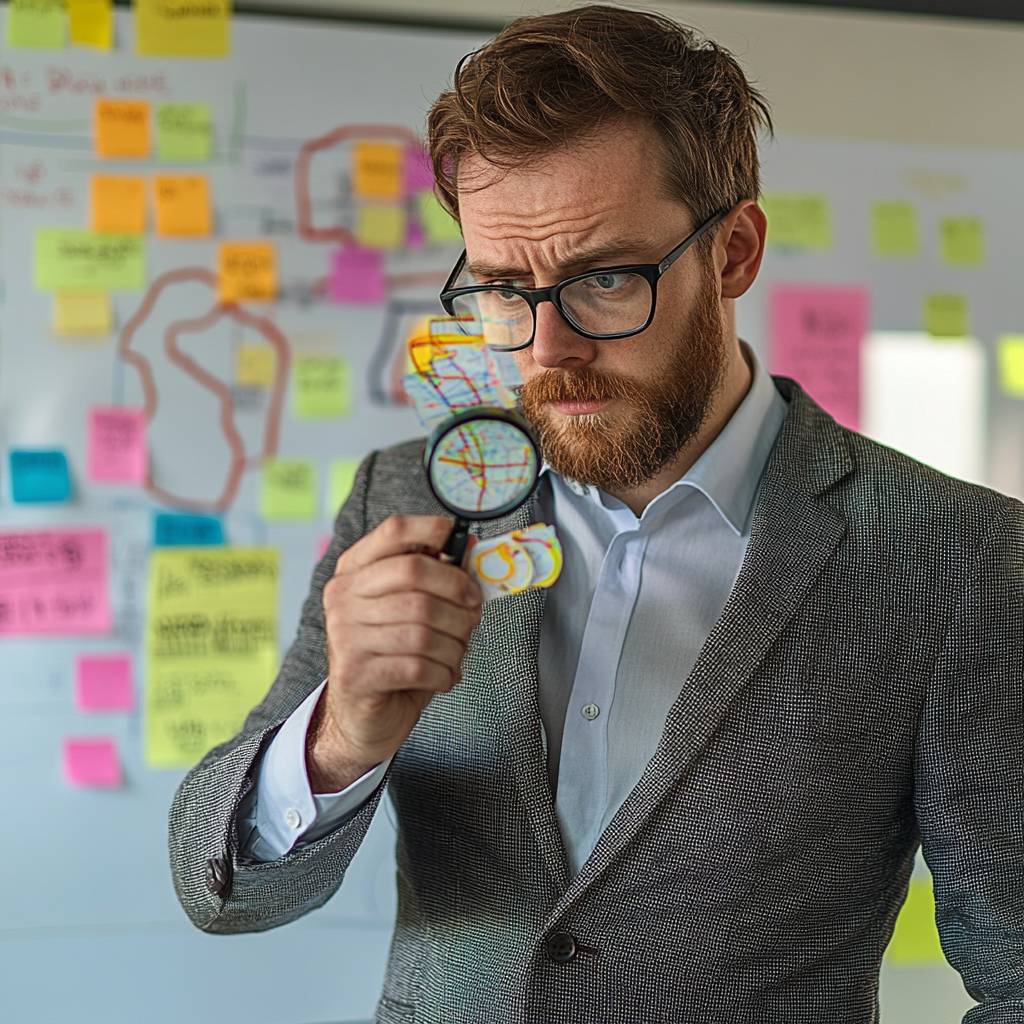 A man in a blazer examines a colorful map through a magnifying glass, surrounded by post-it notes on a board. He appears focused and thoughtful.