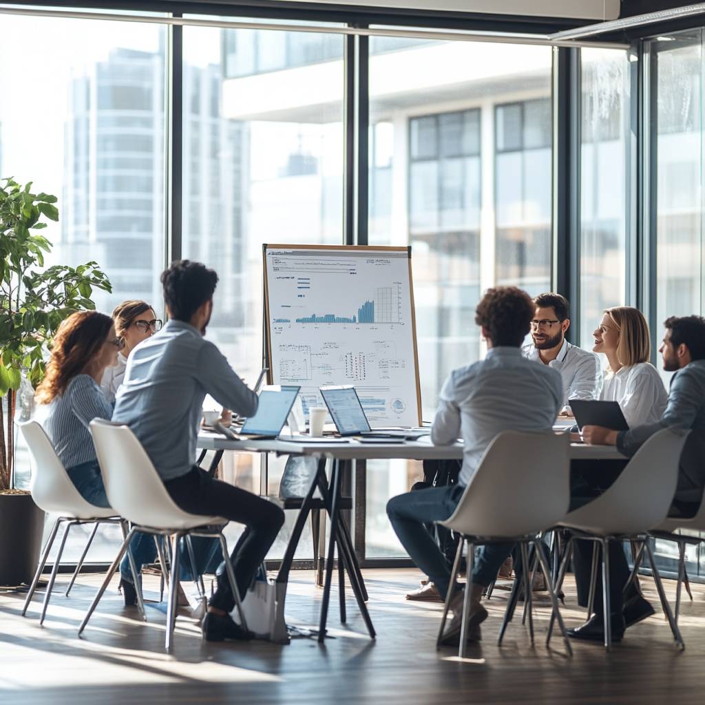 A diverse group of professionals in a modern conference room engaged in a meeting, discussing data presented on a board with graphs.