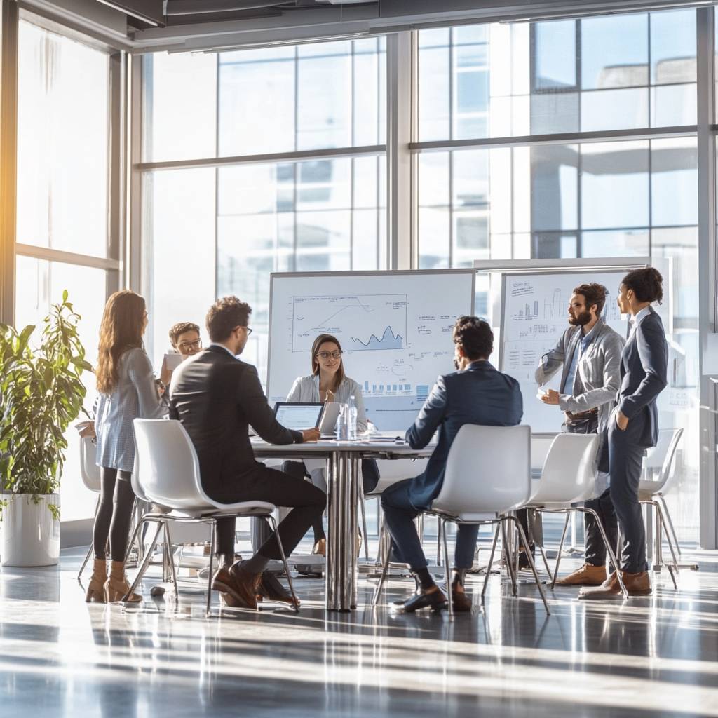 A diverse group of professionals in a modern conference room discussing charts and data, with a large screen displaying financial graphs.