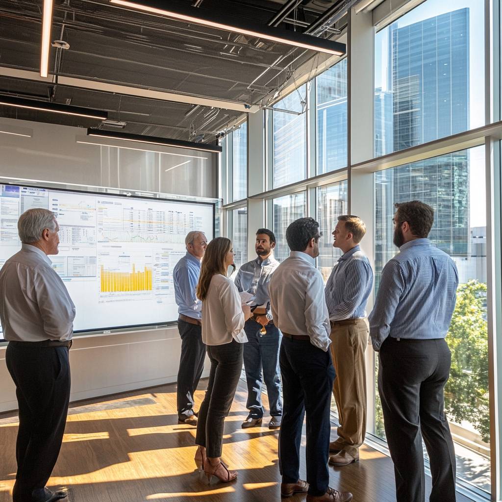 A group of professionals engaged in a discussion in a modern conference room, with large windows showcasing city skyscrapers and a digital screen displaying data.