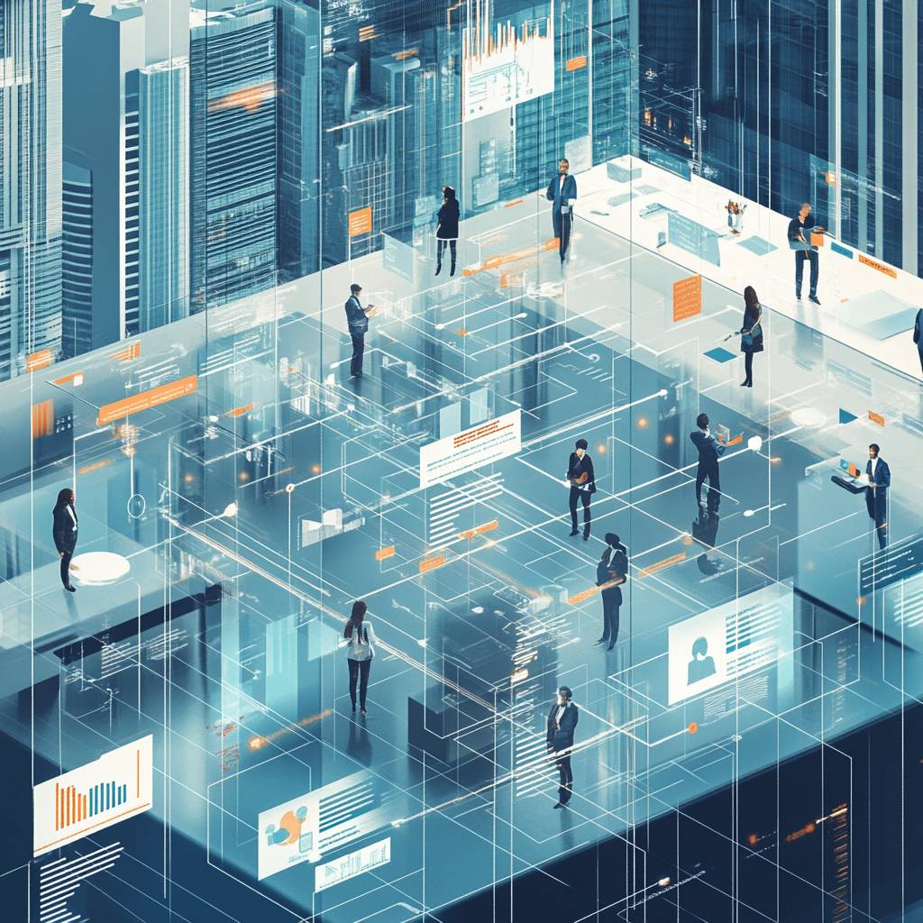 A digital workspace depicting diverse professionals interacting amidst a futuristic setting with transparent screens and data visualizations.