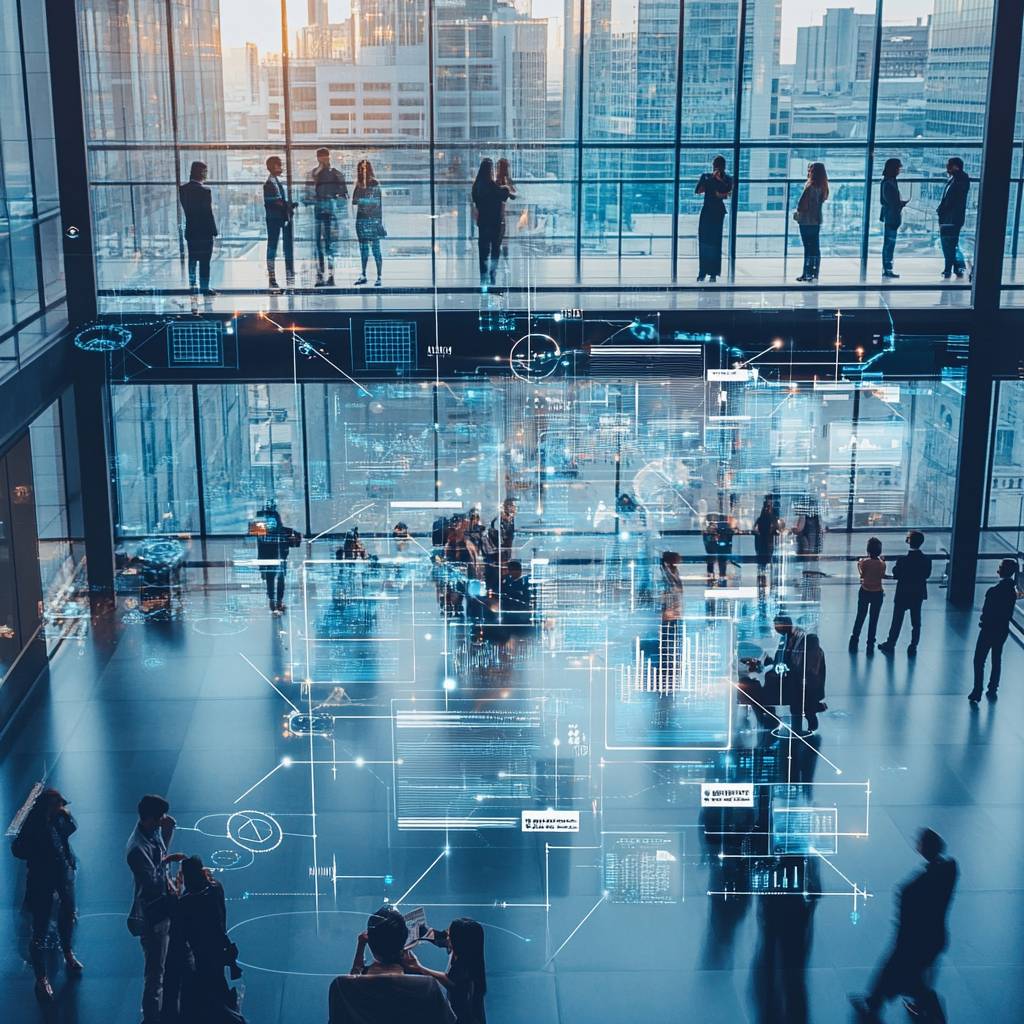 A modern office space with large glass windows, people engaged in conversations, superimposed with digital data visualizations and graphics.