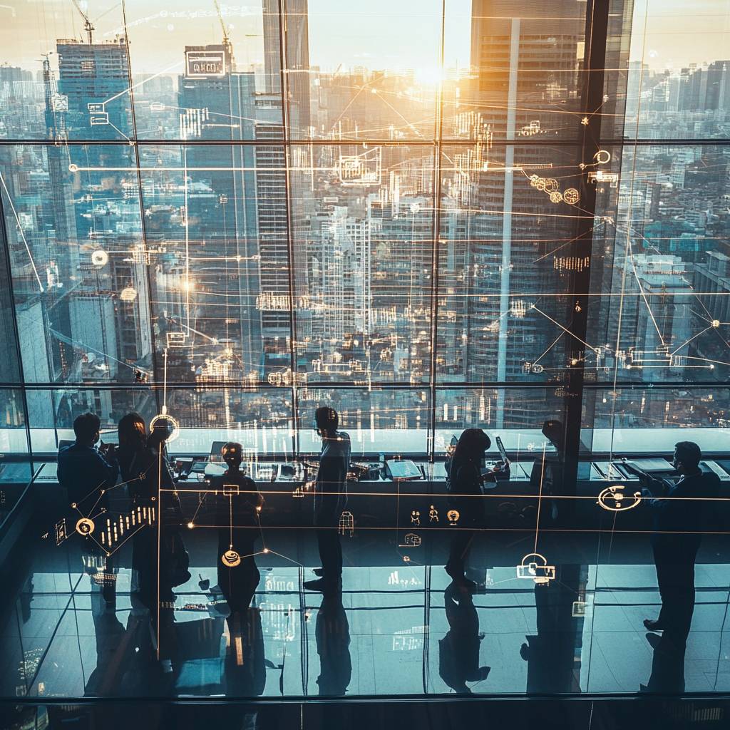 Silhouetted figures stand near a large glass window overlooking a city skyline at sunset, with digital graphs and icons projected on the glass.