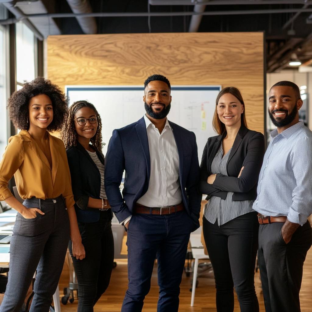 A diverse group of five professionals stands confidently in an office setting, smiling and posing together in front of a presentation board.