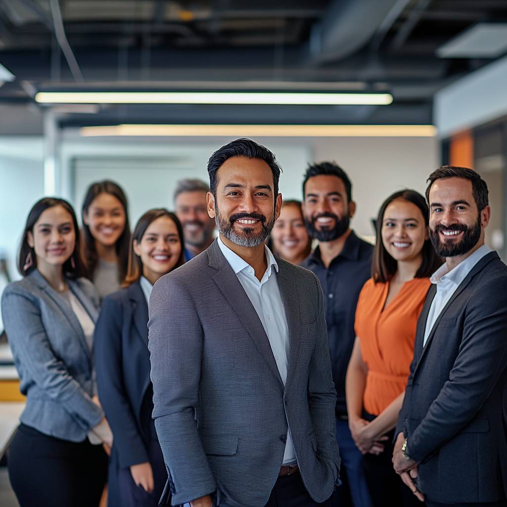 A diverse group of professionals smiling in a modern office setting, with a central individual in a gray suit in front of colleagues.