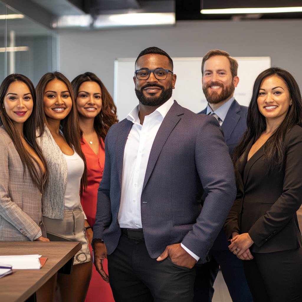 A diverse group of six professionals, three men and three women, posing together in a modern office setting, smiling, wearing business attire.