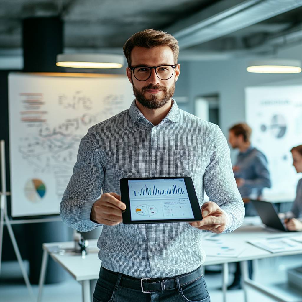 A man with glasses holds a tablet displaying graphs and charts in a modern office environment, with colleagues discussing in the background.