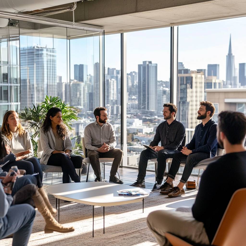 A group of six people seated in a modern office with large windows, discussing while overlooking a city skyline. Sunlight illuminates the room.