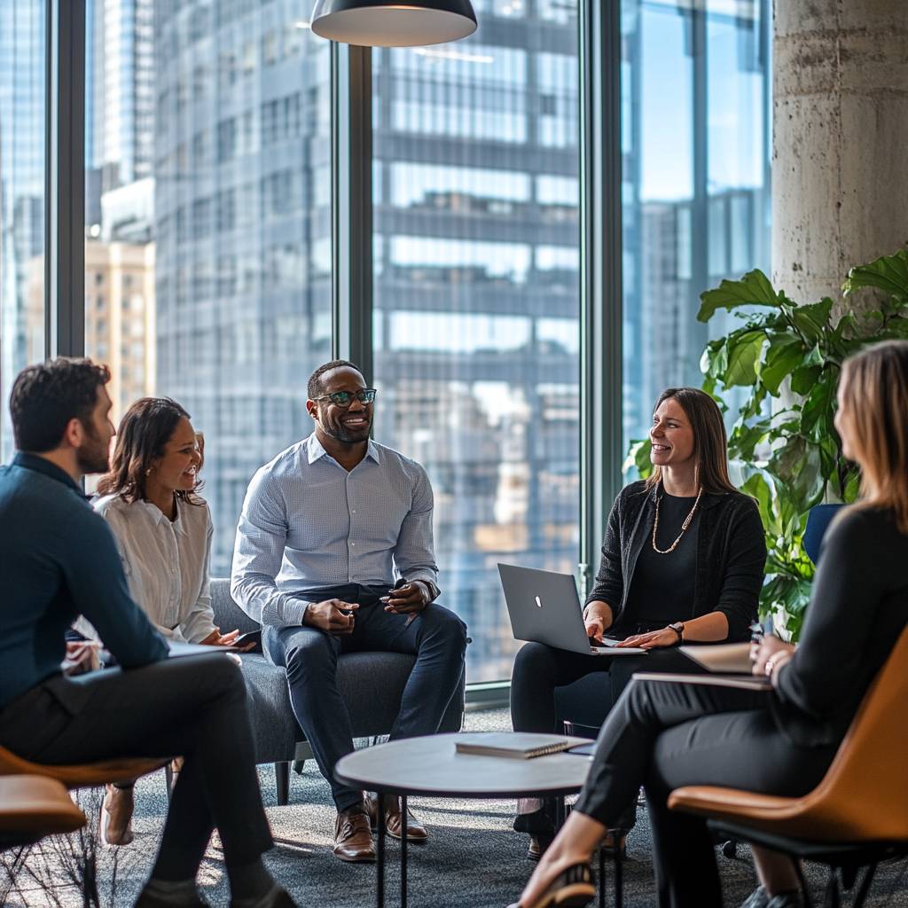 A diverse group of professionals engaged in a discussion, seated in a modern office with large windows showcasing a city skyline.