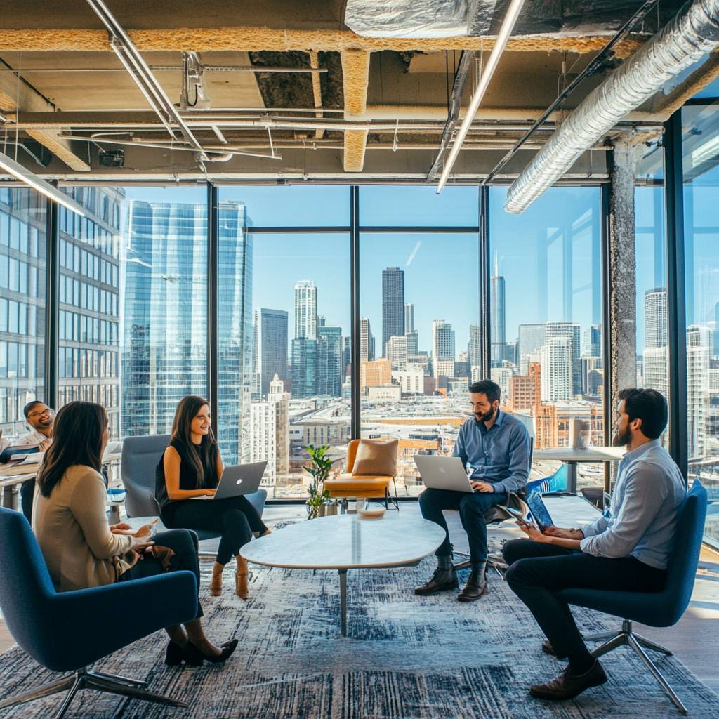 A modern office space with large windows showing a city skyline. Six professionals are engaged in discussions, using laptops and notepads.