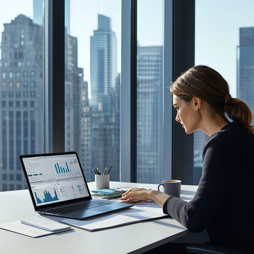 A woman working on a laptop at a bright office desk, overlooking a city skyline, with charts displayed on the screen and a coffee cup nearby.