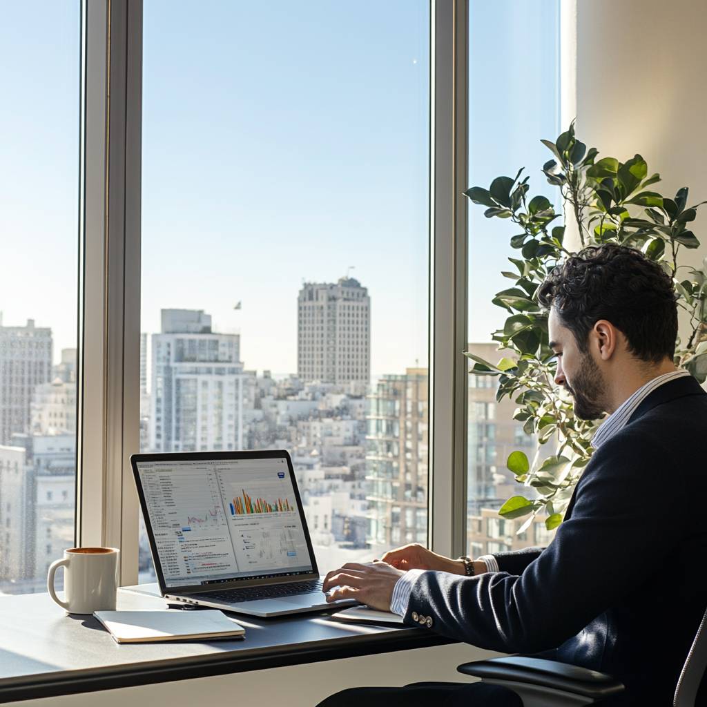 A man in a blazer works on a laptop at a desk, with a city skyline visible through large windows and a coffee cup nearby.