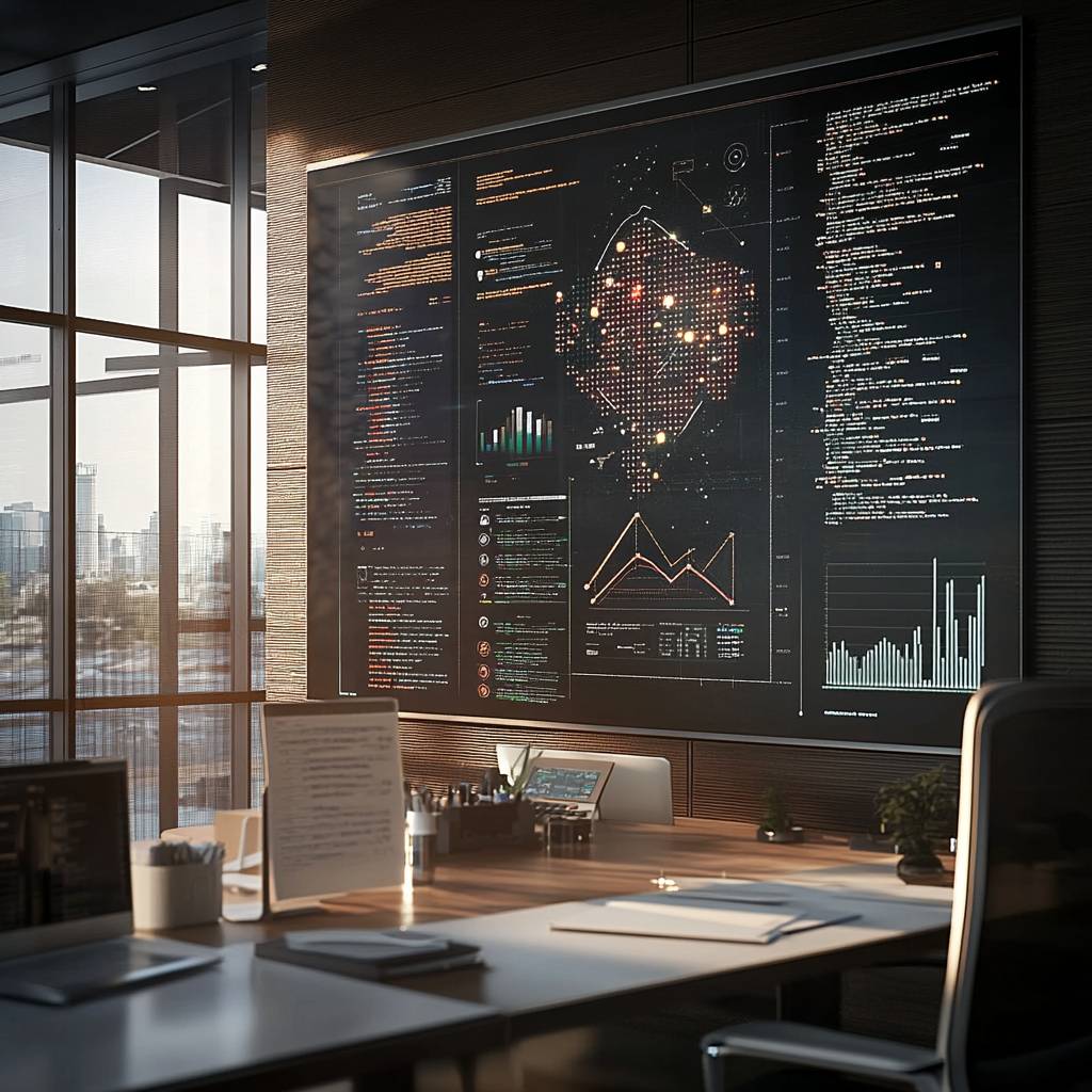 A sleek office interior featuring a large digital display with data visualizations, charts, and code, beside a modern desk and city view.