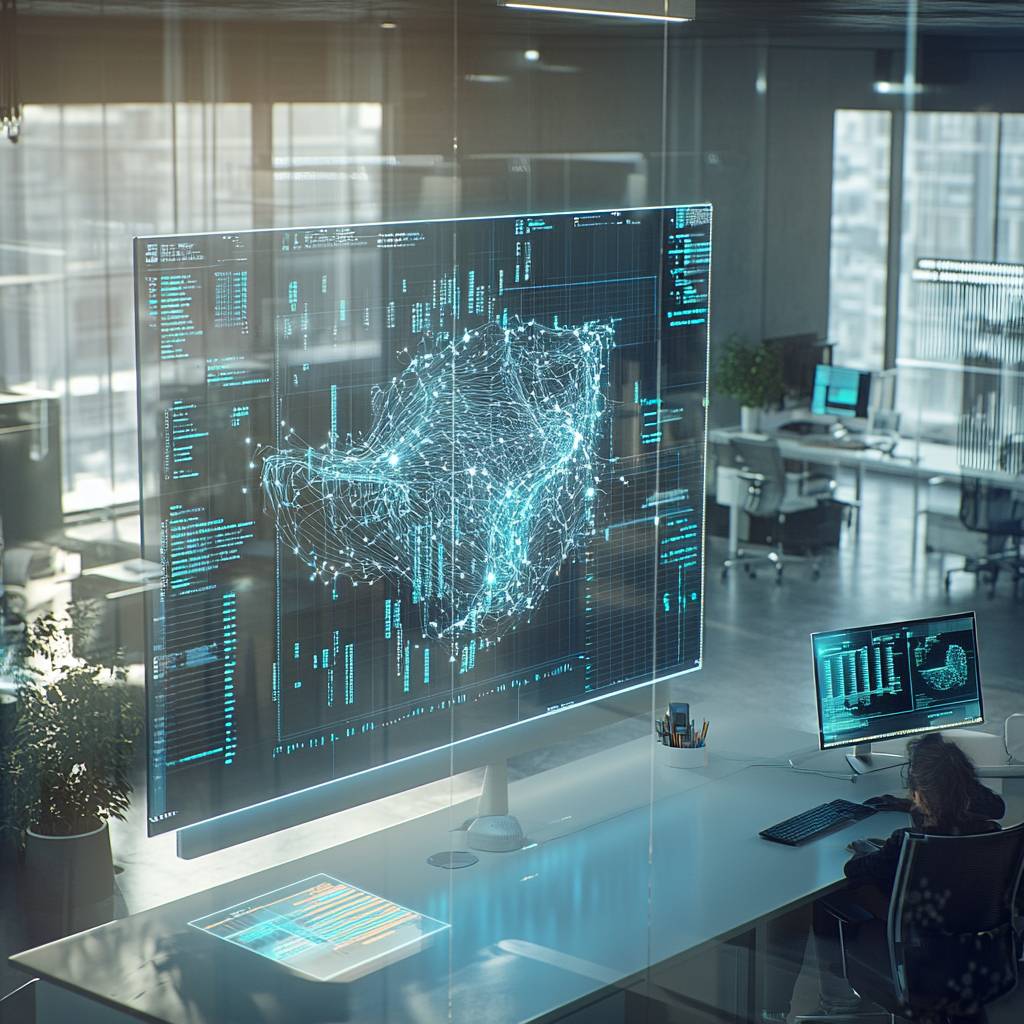 A modern office space with a large digital display showing a network map and data visualization, while a person works at a computer.