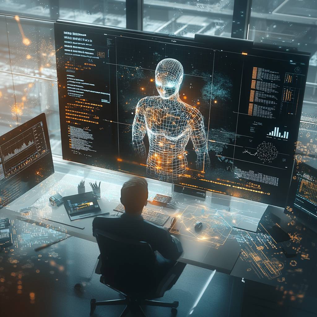 A person in a suit sits at a desk, observing a holographic display of a digital humanoid figure and various data visualizations on multiple screens.